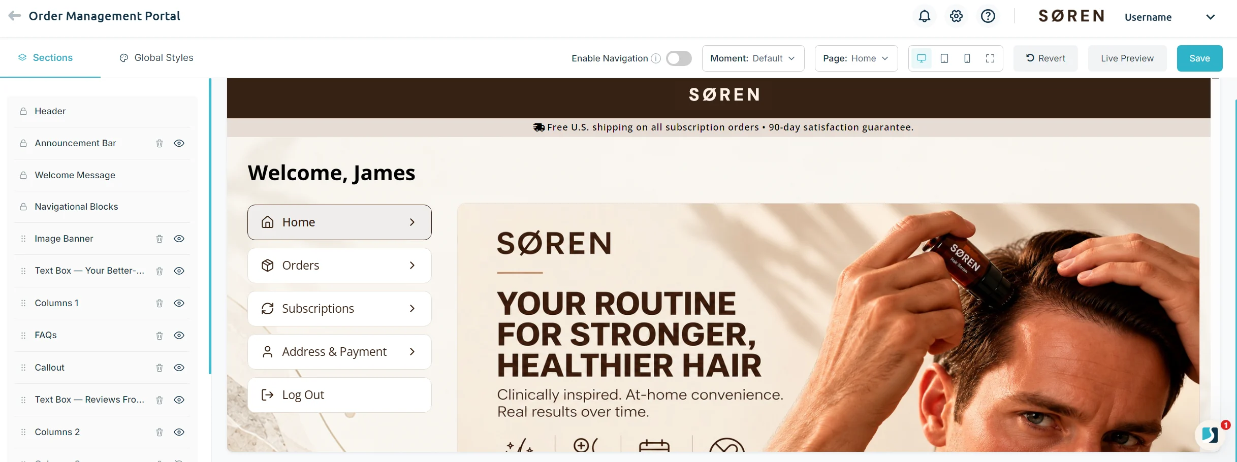 Solvpath Portal Builder editing the SÃ˜REN customer portal: sections list, moment and page selectors, device preview and live preview