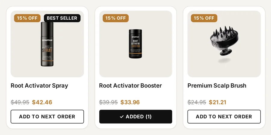 Related products cards with add to next order and member pricing
