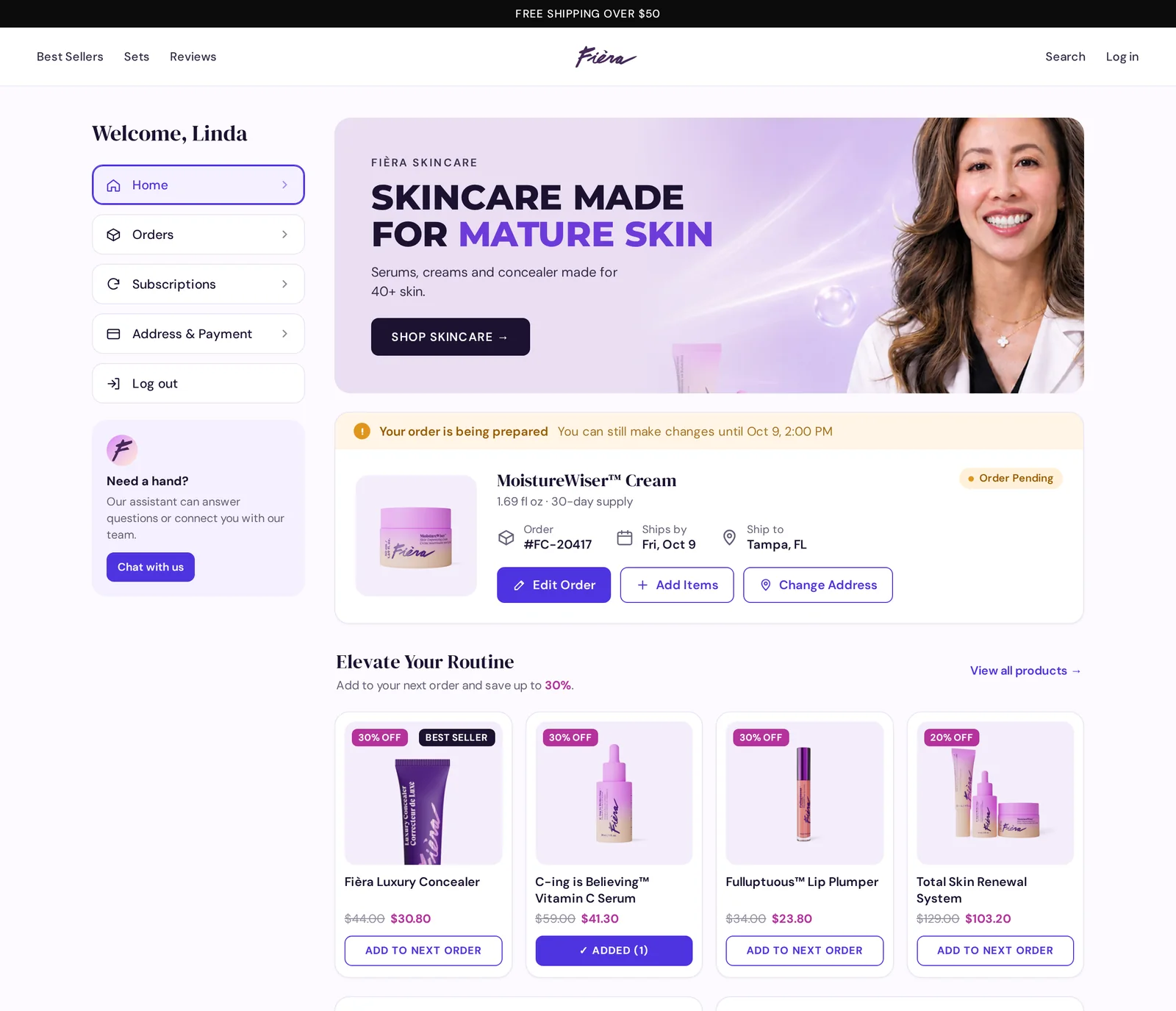 Fièra branded customer portal on desktop, order pending moment