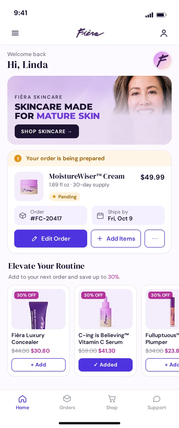 Fièra customer portal on the mobile storefront