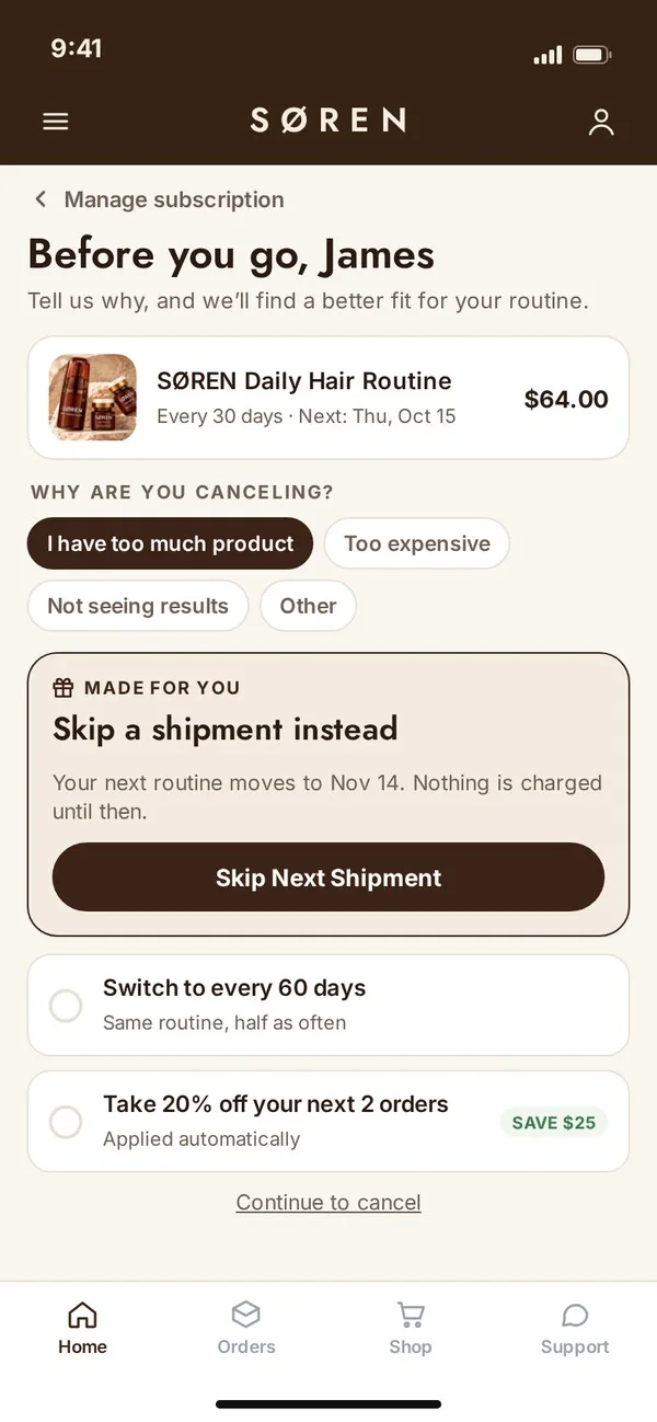 SØREN cancel flow inside the portal: reason picker with a skip-a-shipment save offer