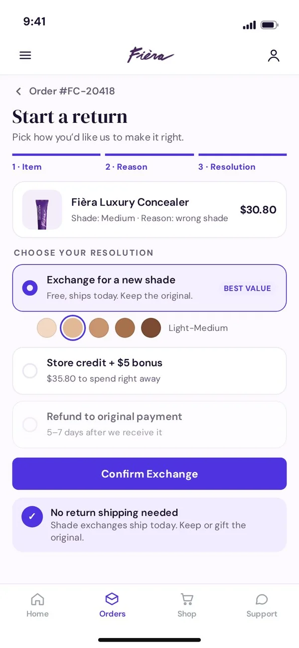 Fièra return flow inside the portal: exchange for a new shade, store credit or refund
