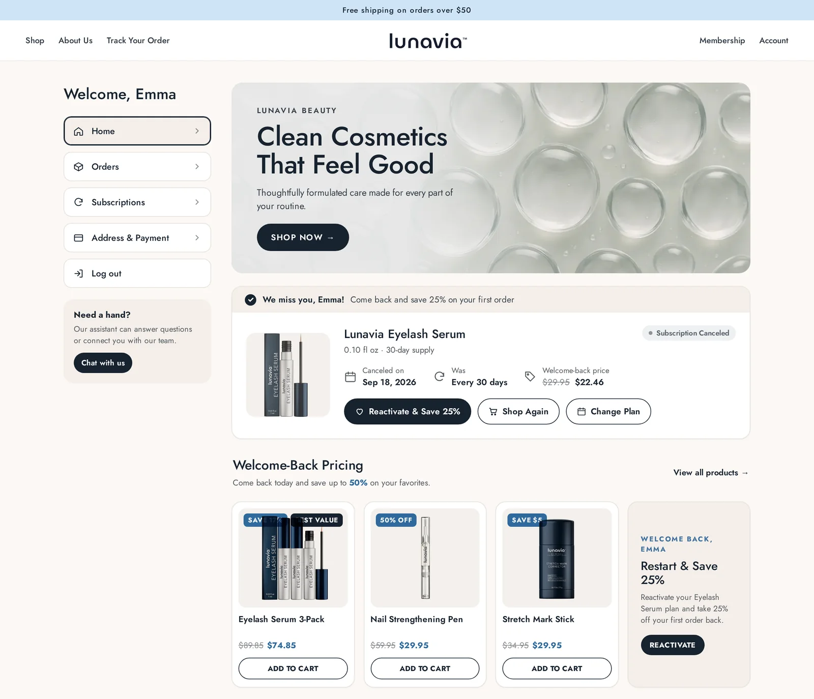 Lunavia branded customer portal on desktop, subscription canceled moment