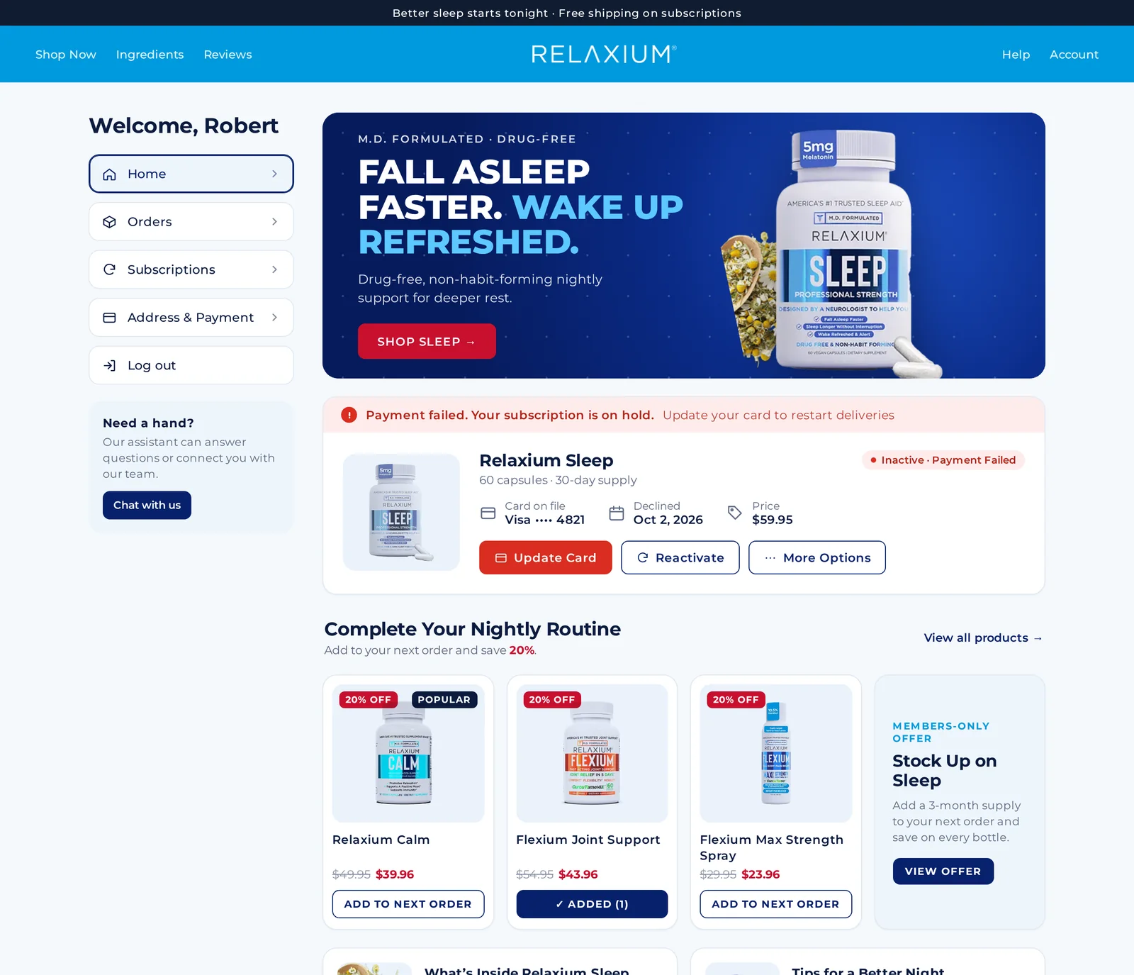 Relaxium branded customer portal on desktop, inactive · payment failed moment