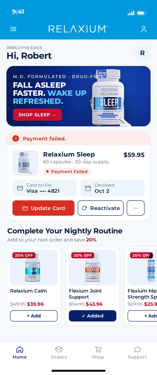 Relaxium branded customer portal on mobile, inactive · payment failed moment