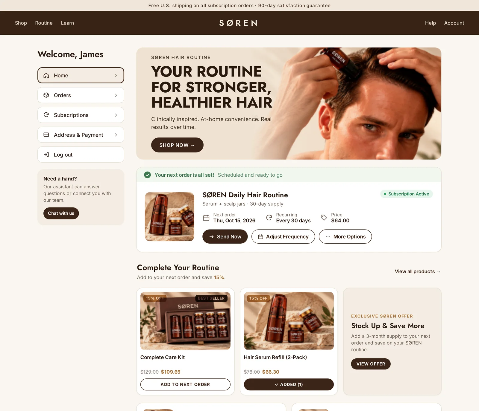 SØREN branded customer portal on desktop, subscription active moment