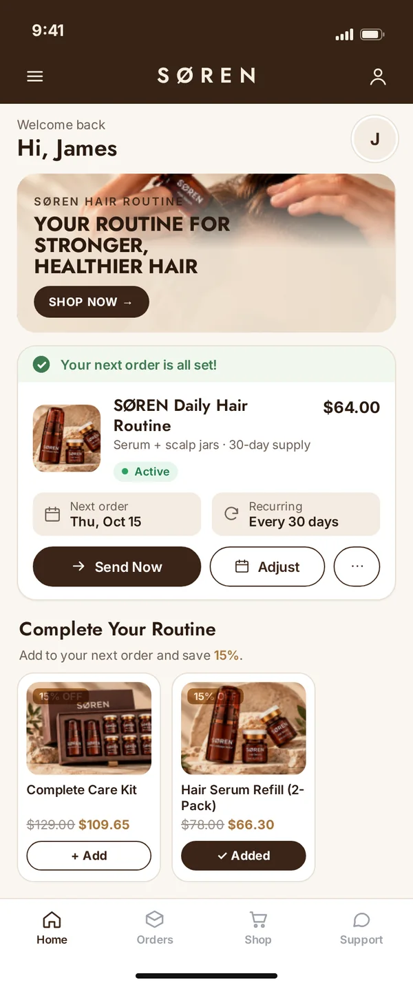 SØREN branded customer portal on mobile, subscription active moment
