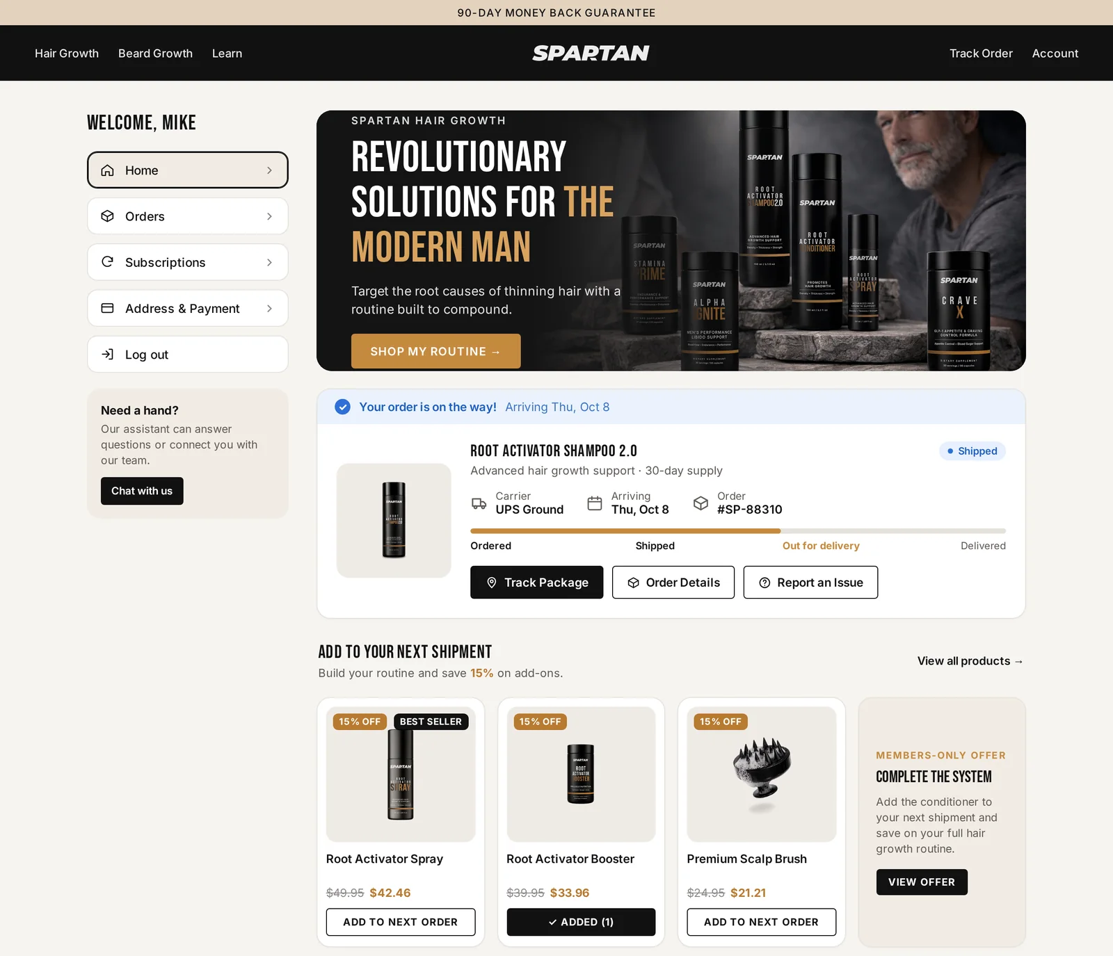 Spartan branded customer portal on desktop, order shipped moment