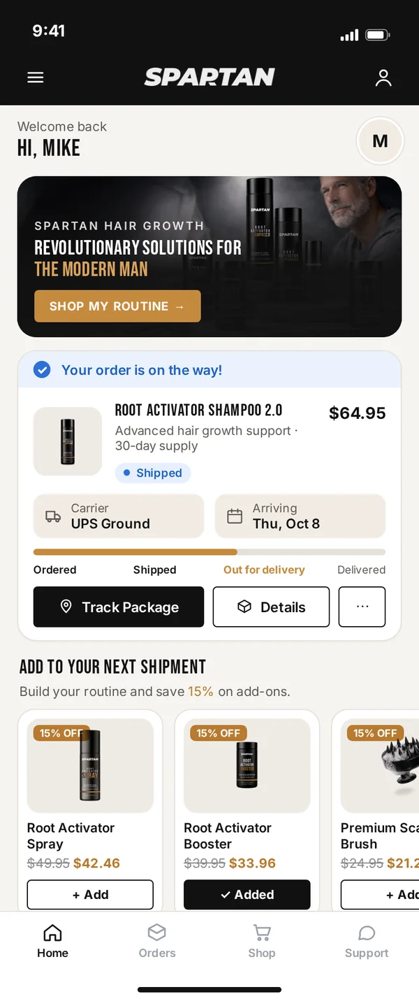 Spartan branded customer portal on mobile, order shipped moment