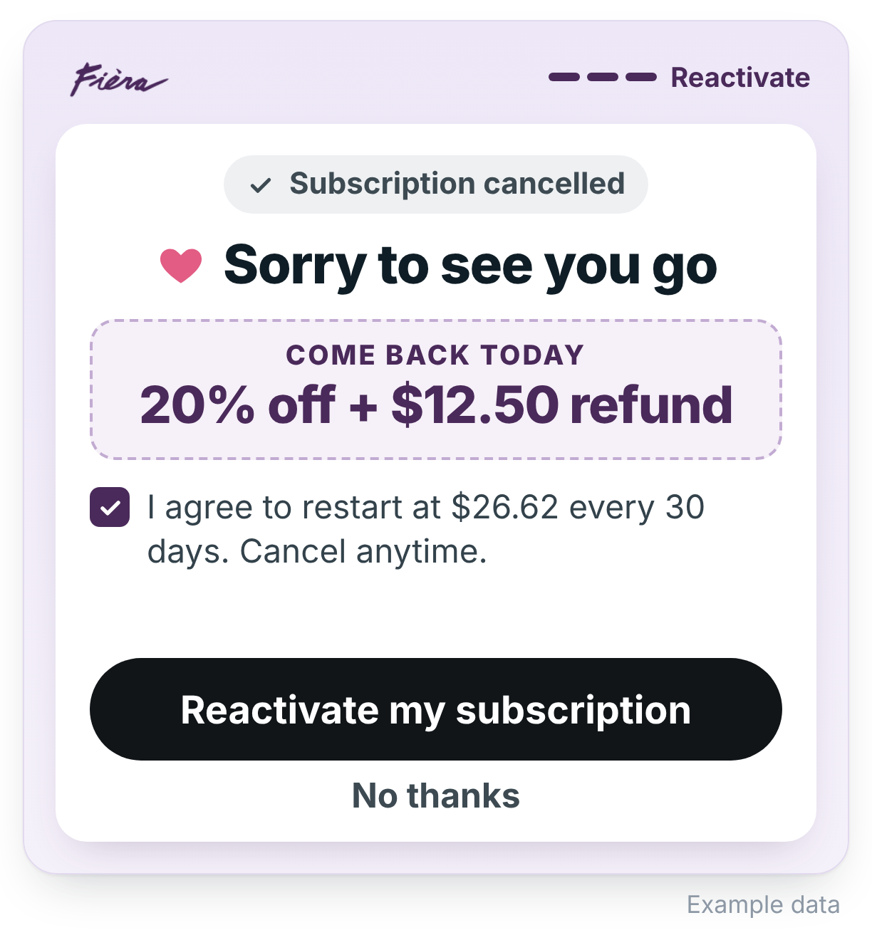 Retention reactivation: subscription cancelled, come back today for 20% off plus a $12.50 refund, with consent (example data)