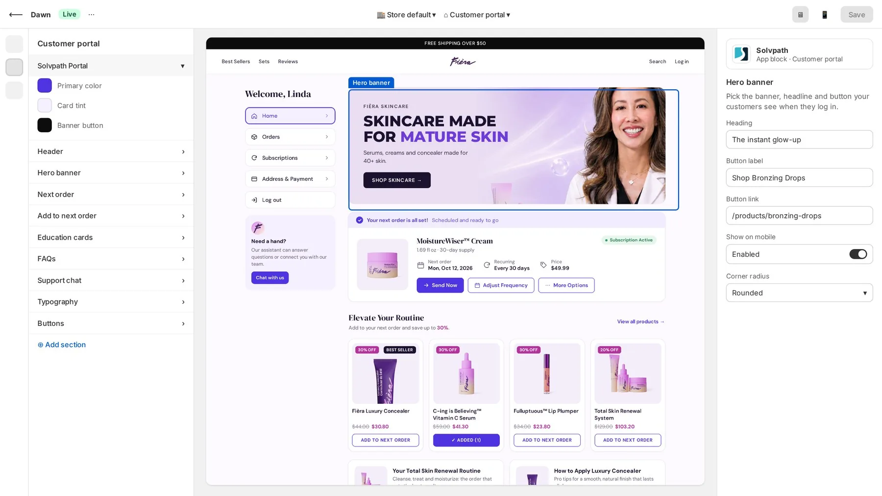 Fièra customer portal styled inside the store theme editor