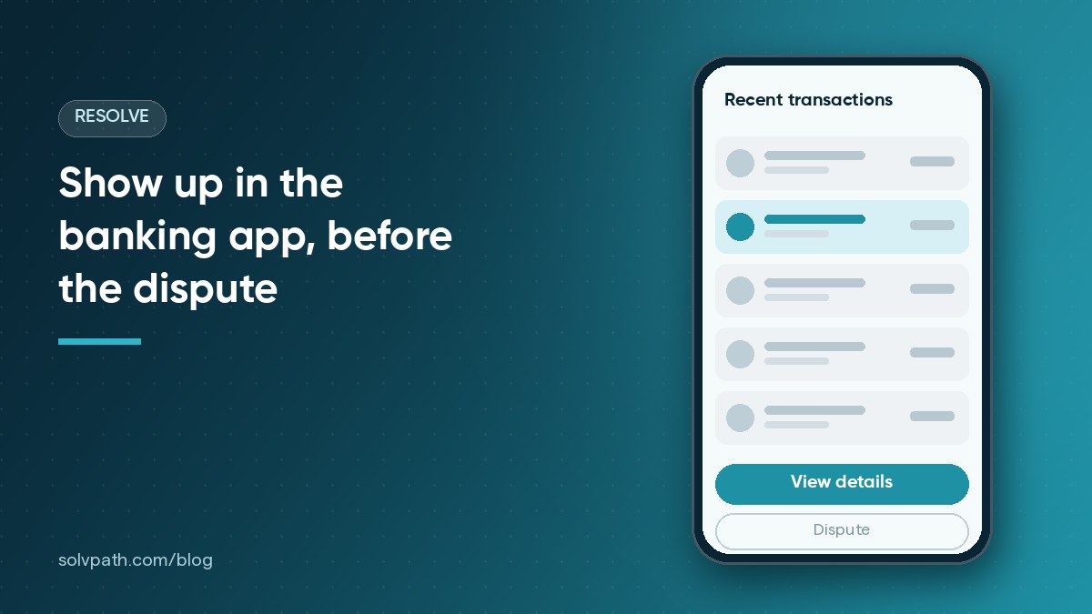 Illustration of a banking app transaction list with a branded charge highlighted and a View details button shown above Dispute