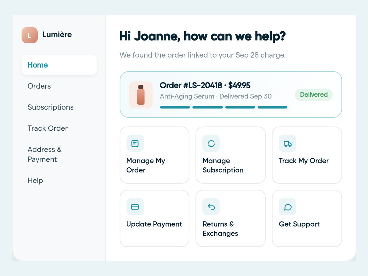 The branded Solvpath portal opened from the receipt: "Hi Joanne, how can we help?" with the order already identified and options to manage the order, manage the subscription, track the order and get support