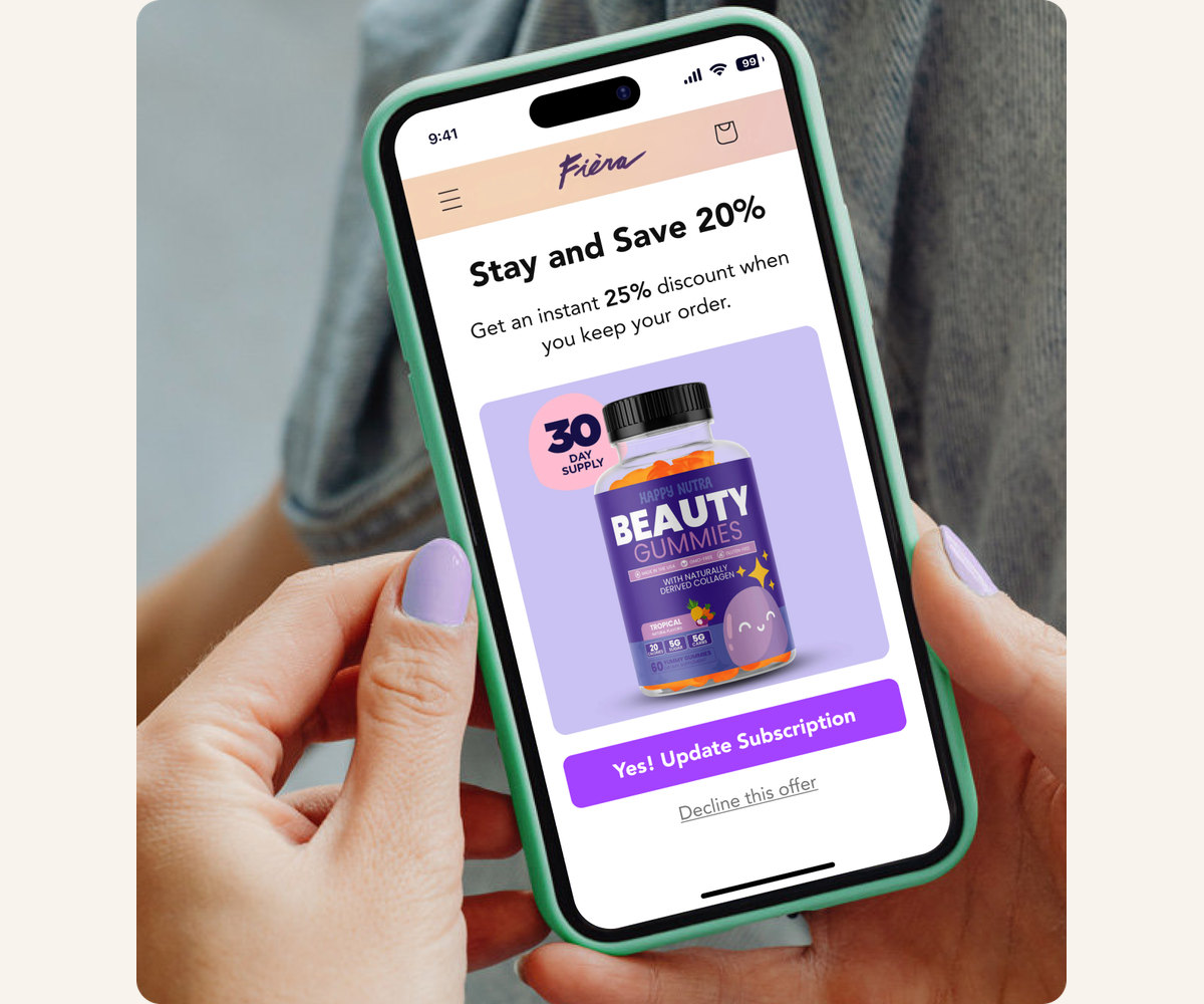 A hand holding a phone at the moment of cancel: a branded Solvpath "Stay and Save 20%" offer to keep a subscription running, with a "Yes! Update Subscription" button