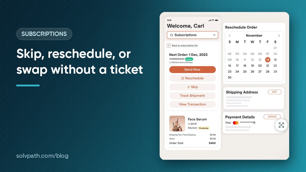 Solvpath customer portal screens where a subscriber can send now, reschedule, skip, or track an upcoming shipment