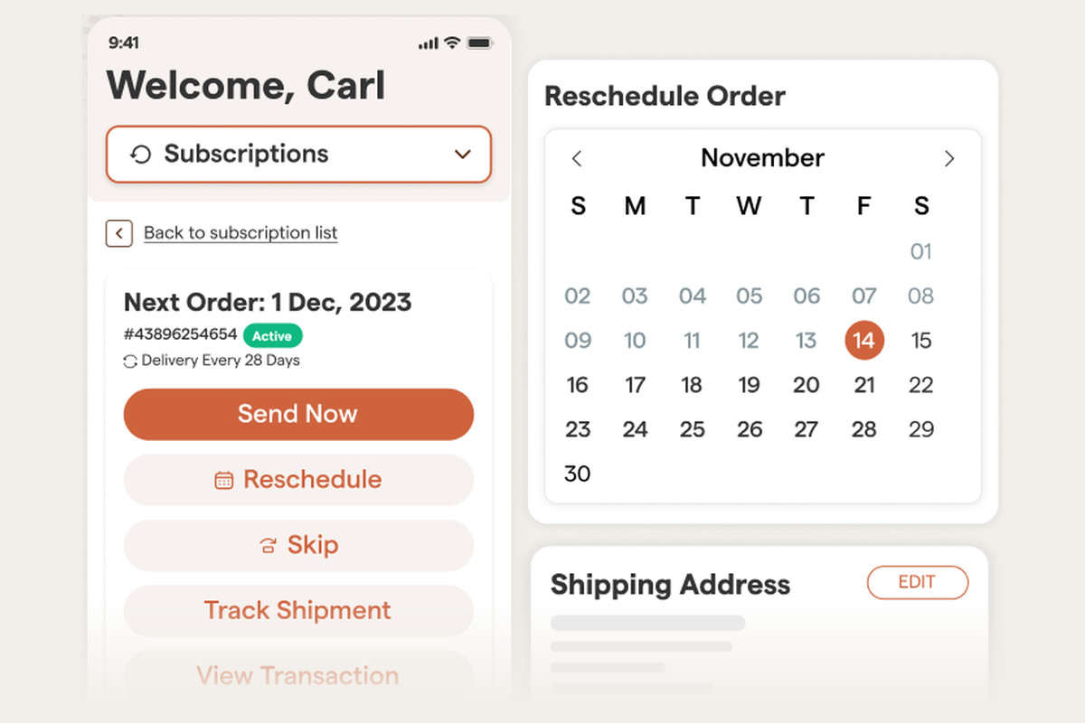 Solvpath subscriber portal on mobile with Send Now, Reschedule, Skip and Track Shipment options next to a reschedule calendar