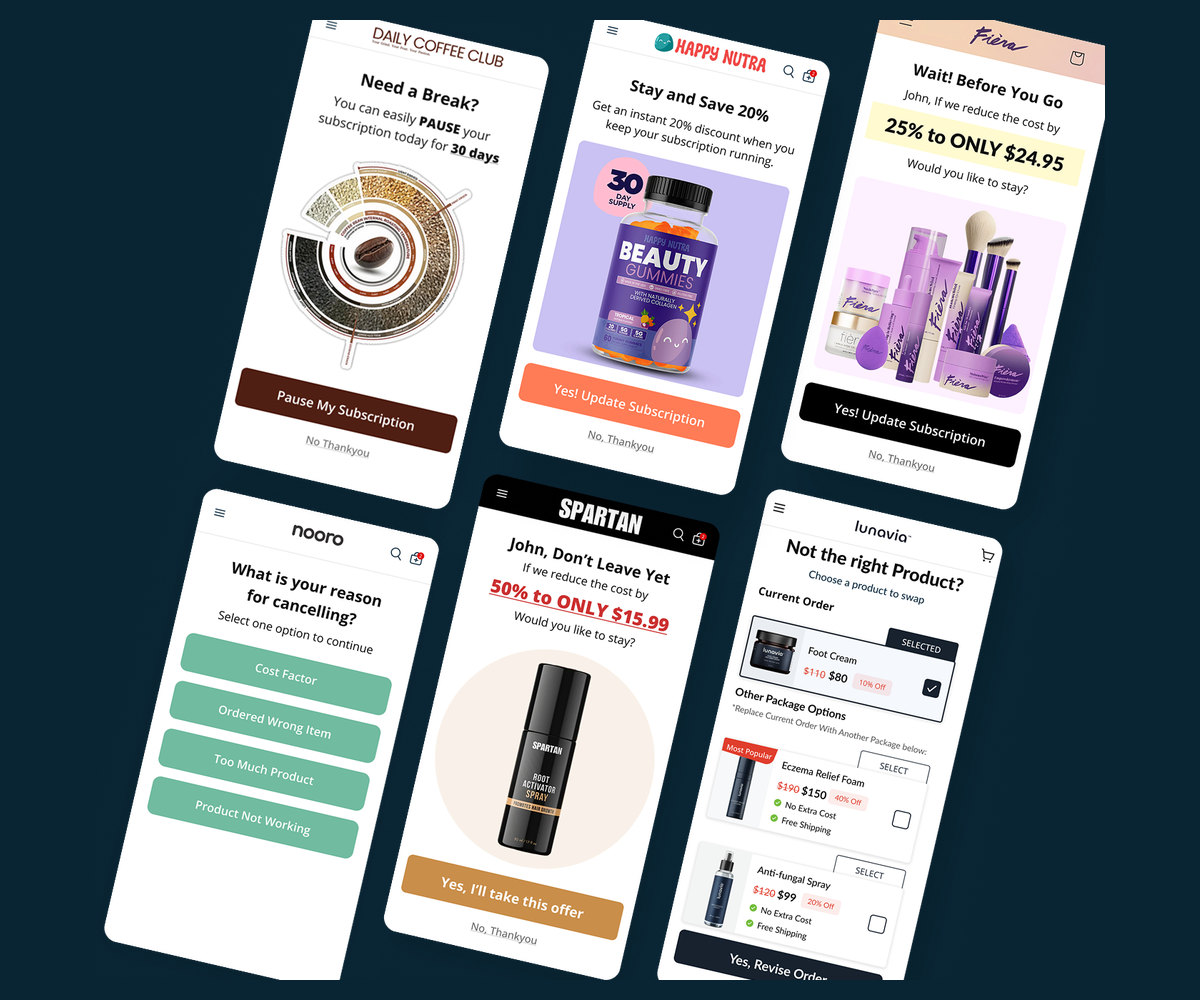 Six Solvpath cancel-flow screens from different brands: a cancel-reason survey, a pause offer, a stay-and-save discount, a swap suggestion and "Wait! Before you go" price offers
