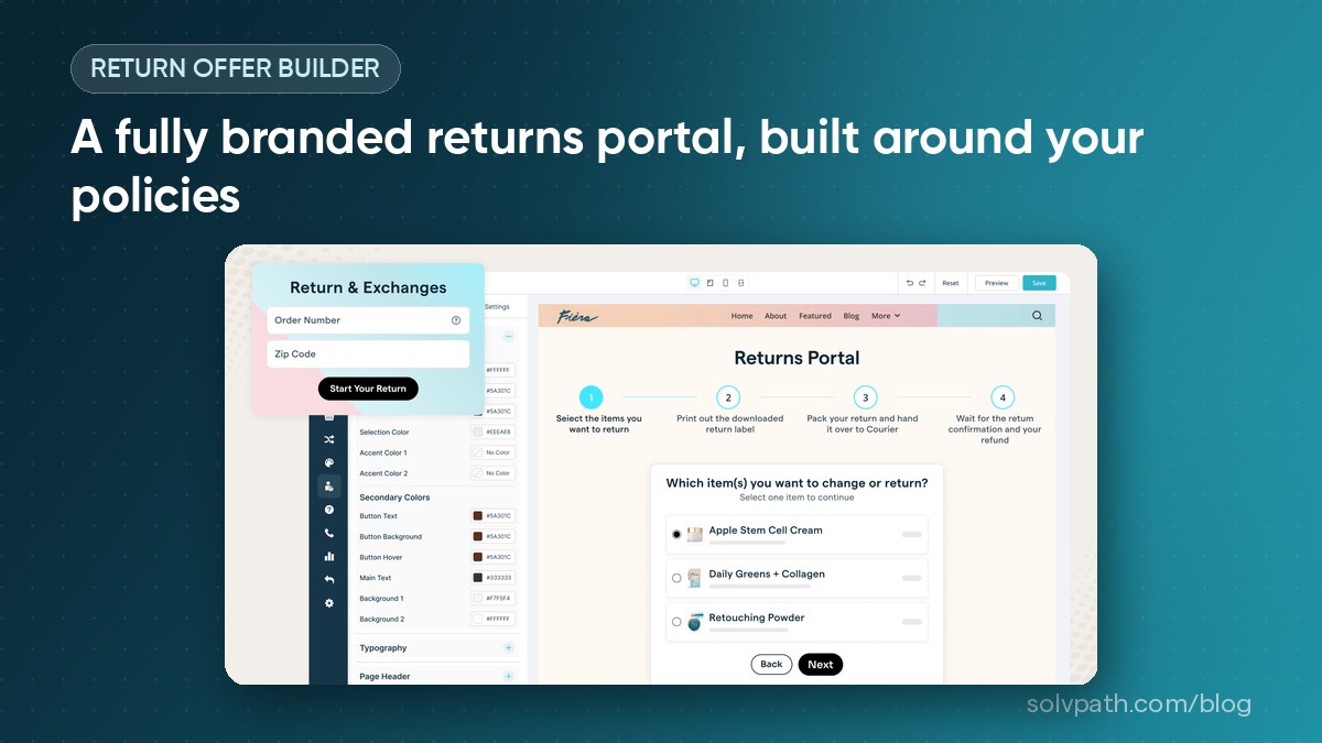 Solvpath returns portal builder showing a branded Return & Exchanges start screen and a step-by-step returns portal for a demo store