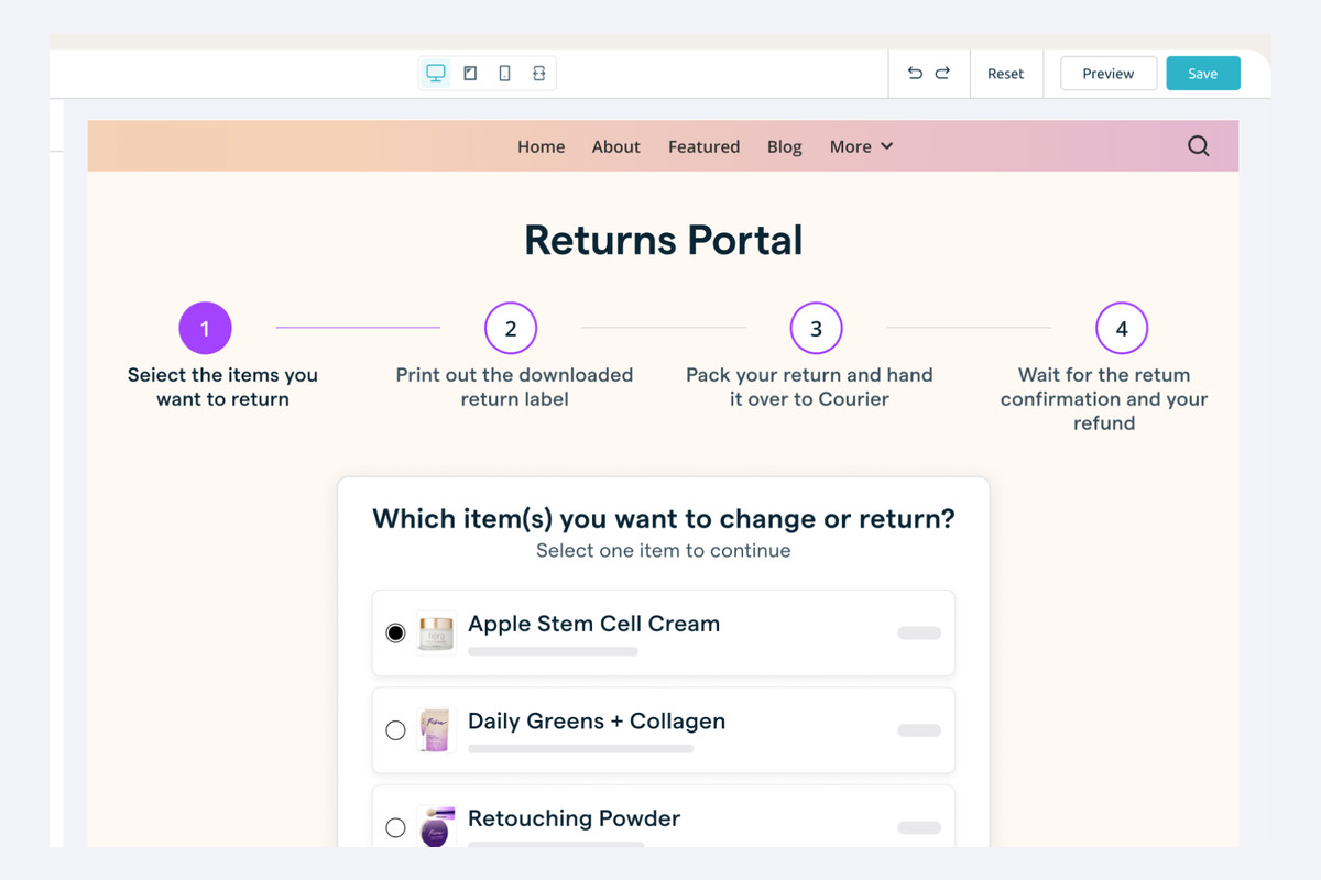 Solvpath Return Offer Builder previewing a branded four-step returns portal that asks which item the customer wants to change or return