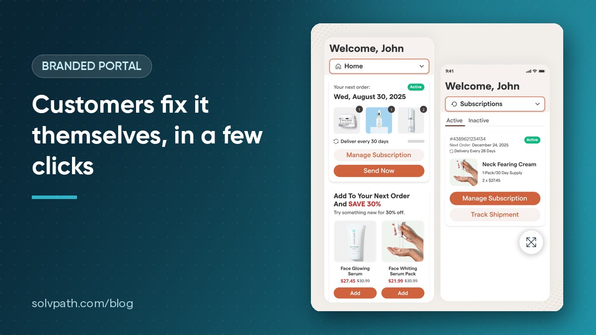 Solvpath branded customer portal on mobile showing a customer's next order, subscription management and add-on offers