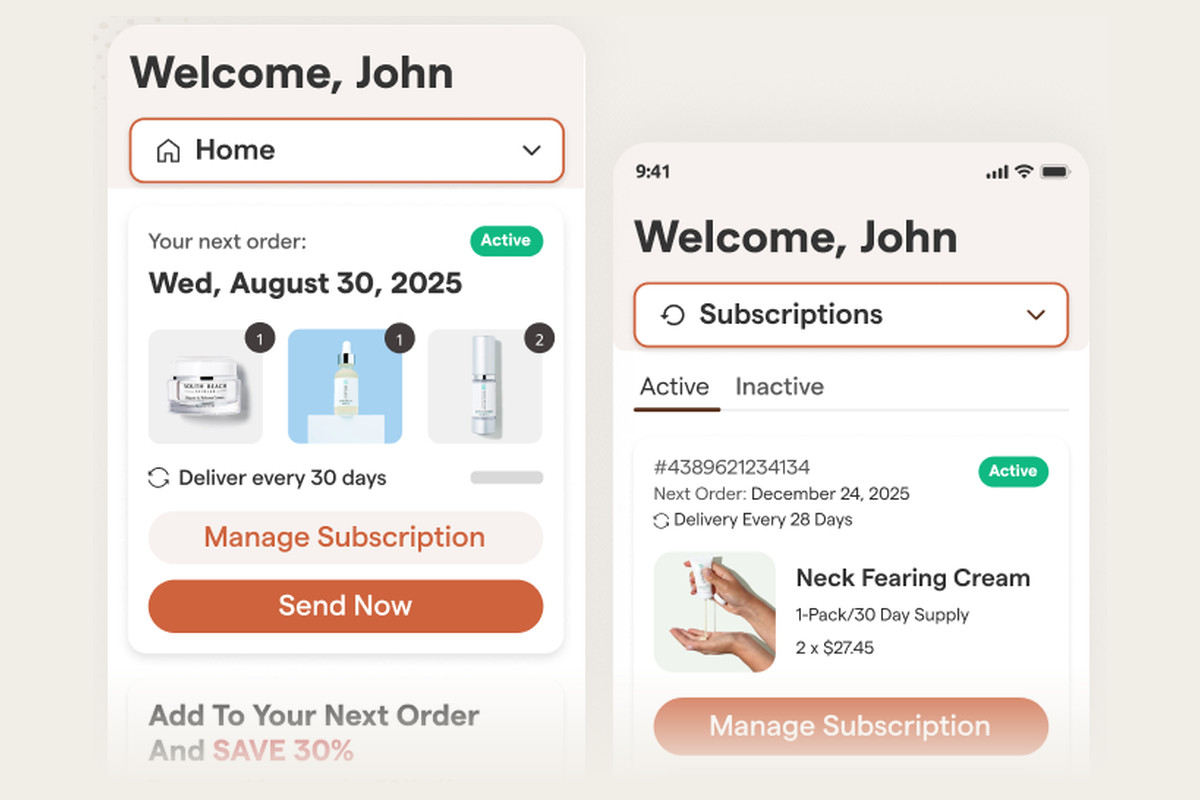 Solvpath branded customer portal on mobile: a next-order card with Manage Subscription and Send Now, and a subscriptions screen with Manage Subscription and Track Shipment